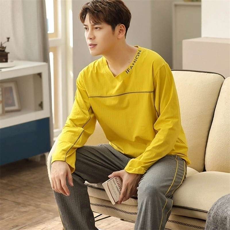 Spring Korean Long Sleeve Pajama Sets for Men Cotton Sleepwear Suit Nightwear Male Loungewear Pyjamas Homewear Home Clothes 201111