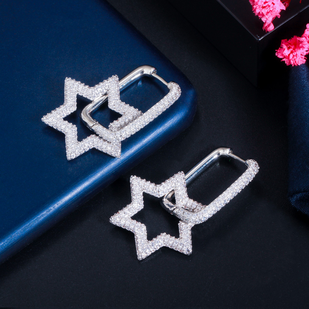 Shining Bling Full Colorful Zircon Hexagonal Dangle Drop Earrings Real Gold Plated Star Earring Jewelry No Fading