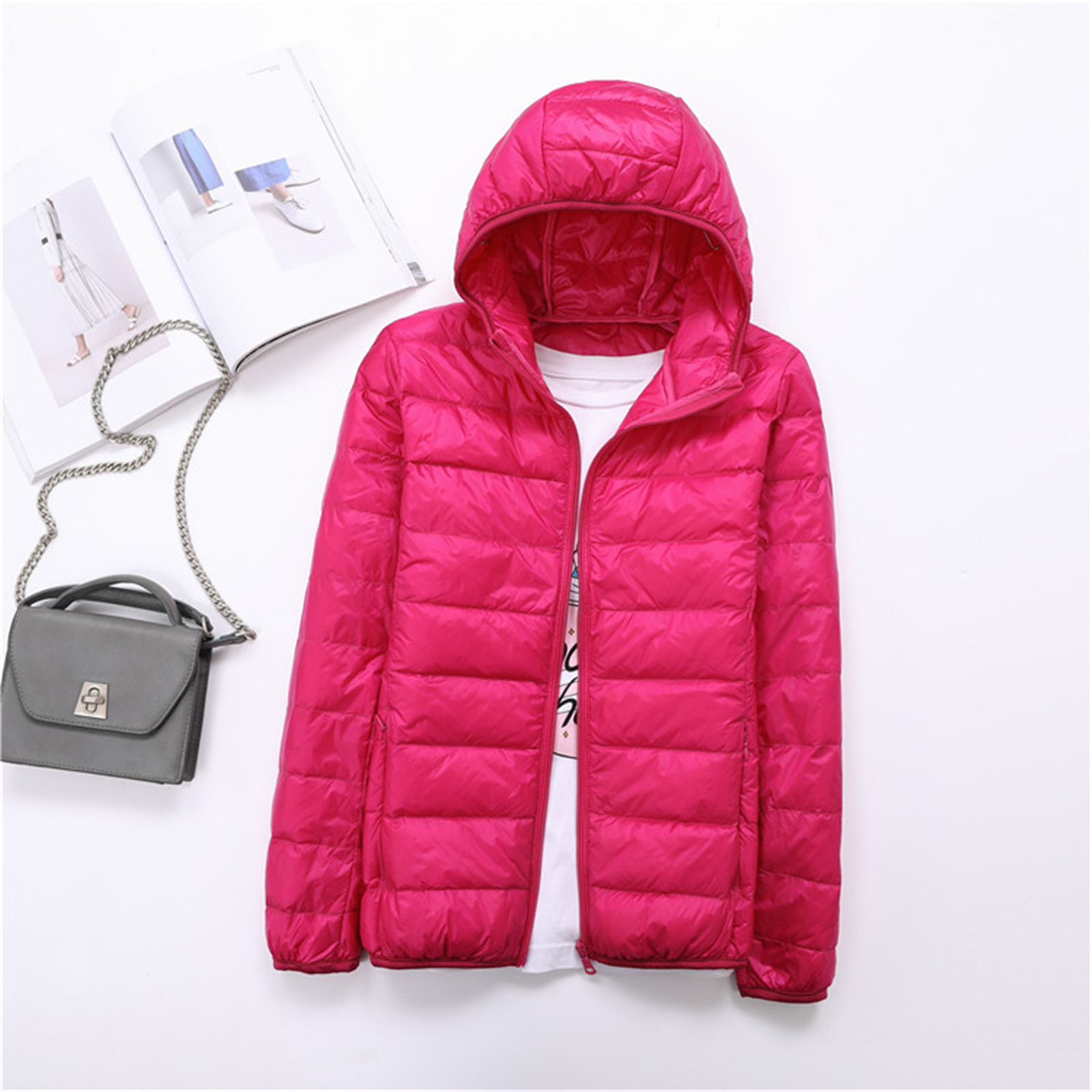 Spring Autumn Womens Jackets Ultra Thin Super Light Fashion Ladies Down Coats Red Pink Black Female Hooded Jacket Coats 4XL 201007
