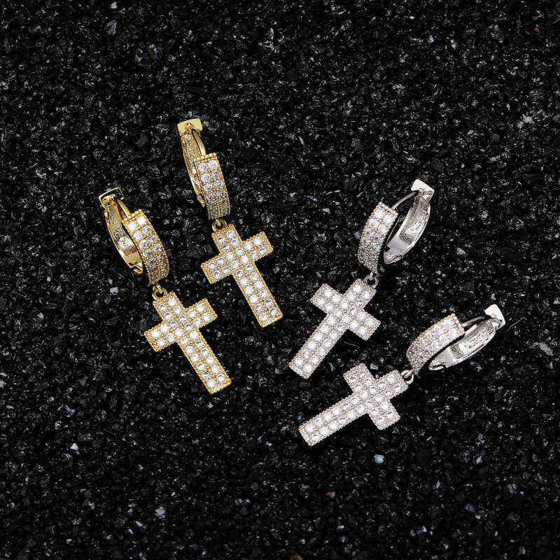 TOPGRILLZ Cubic Zirconia Bling Iced Cross Earring Gold Silver Color Copper Material Earrings for Men Women Hip Hop Rock Jewelry 220125