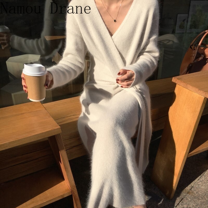 Korean Lace Up Sweater Dress Long Sleeve V-neck Elegant Knitted Dresses Autumn Winter Women Basic Vestidos 201126