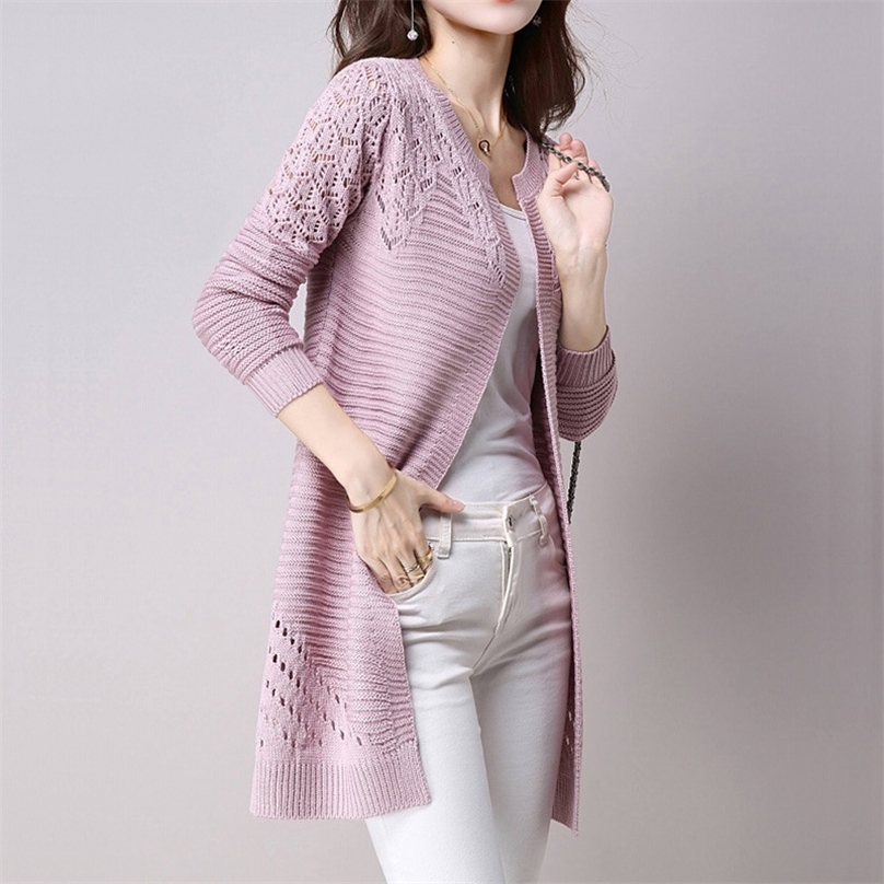 Fall Women Cardigan Solid Color Hollow Out Sweaters Size S-XXL Poncho Full Sleeve Open Stitch Female Knitted Outerwear 201225