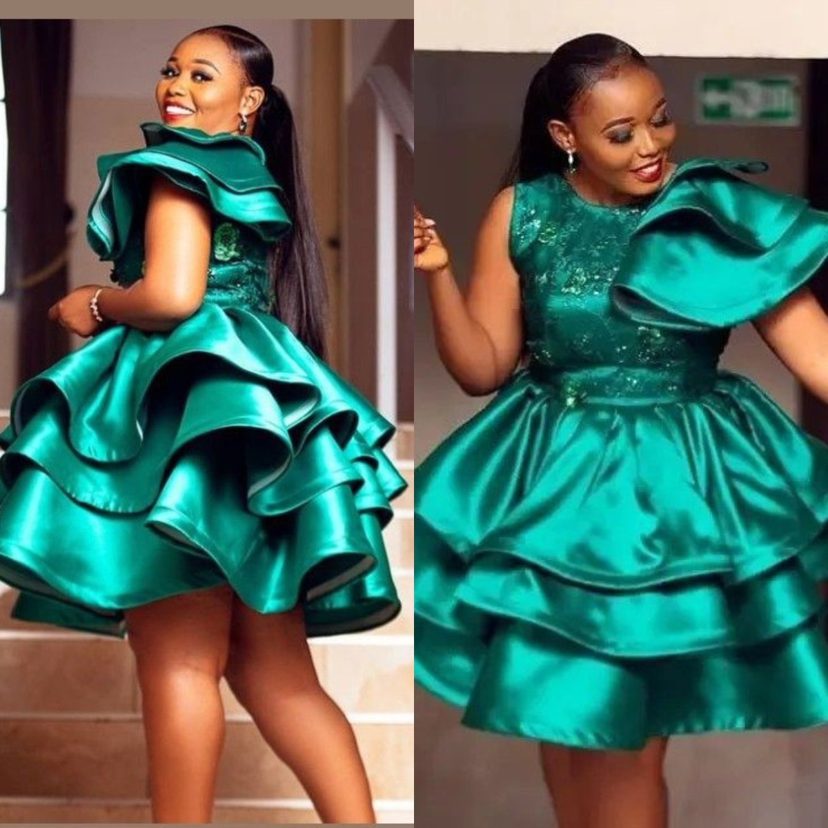 Hunter African Green Short Prom Dresses Tiered Ruffles Evening Gowns Lace Sleeveless Party Club Wear Vestido De Novia