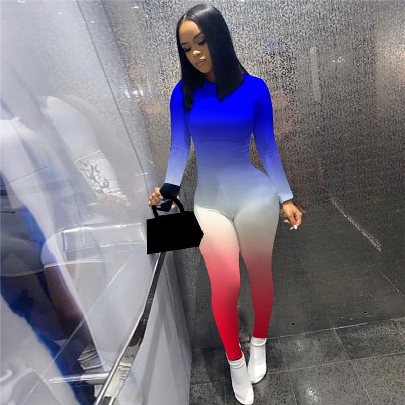 hirigin Women Gradient Print Long Sleeve Sport Bodycon Jumpsuit Bandage Skinny Jumpsuit Streetwear Autumn Winter Romper Outfits 201007