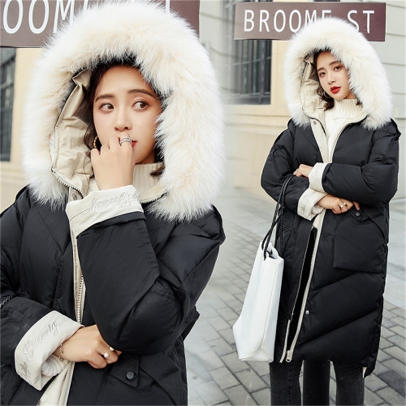 winter fashion hooded long solid color fur collar detachable cotton coat LJ201127