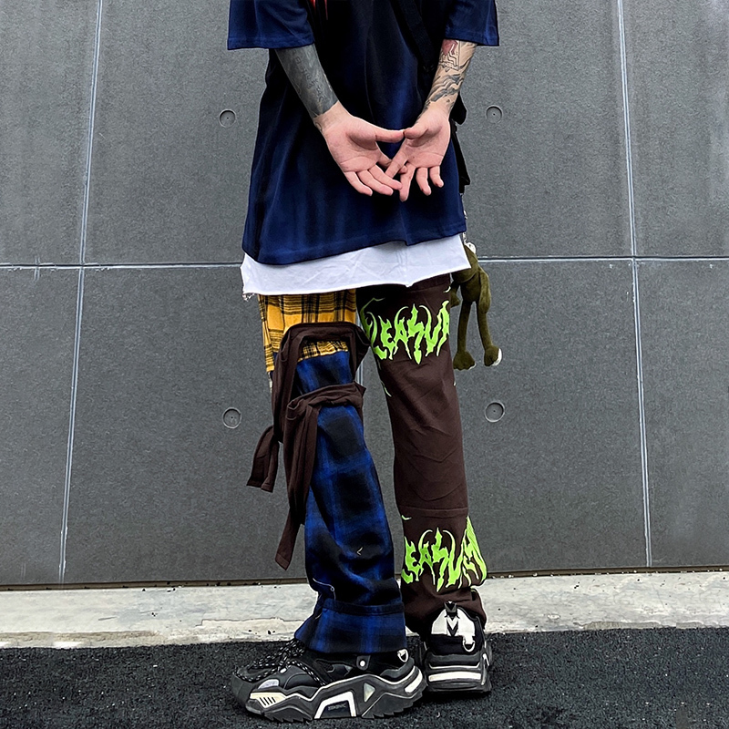 UNCLEDONJM Hip Hop Plaid Pants Men Ins Irregular Casual Pants Patchwork Pants Fashion Streetwear Trousers t2-a002 201126