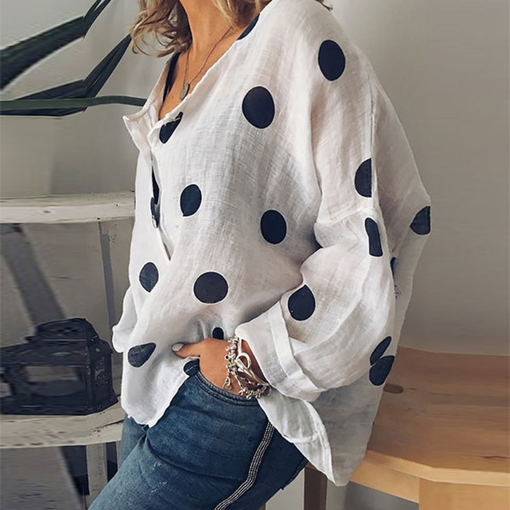 Summer Baggy Dot Print Blouse Women Plus Size Long Sleeve Women's Tunic Cotton Linen Shirt Ladies White Womens Tops Blouses 201028