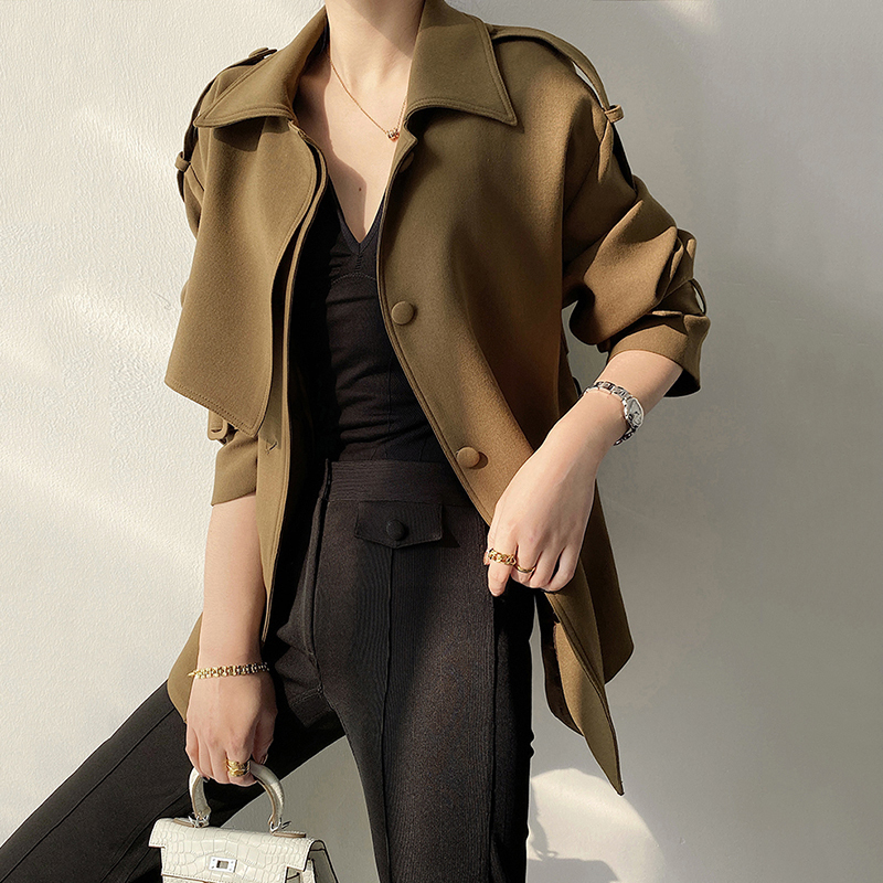 [EAM] Women Brown Stitch Big Size Trench New Lapel Long Sleeve Loose Fit Windbreaker Fashion Tide Spring Autumn 1DB309 201211