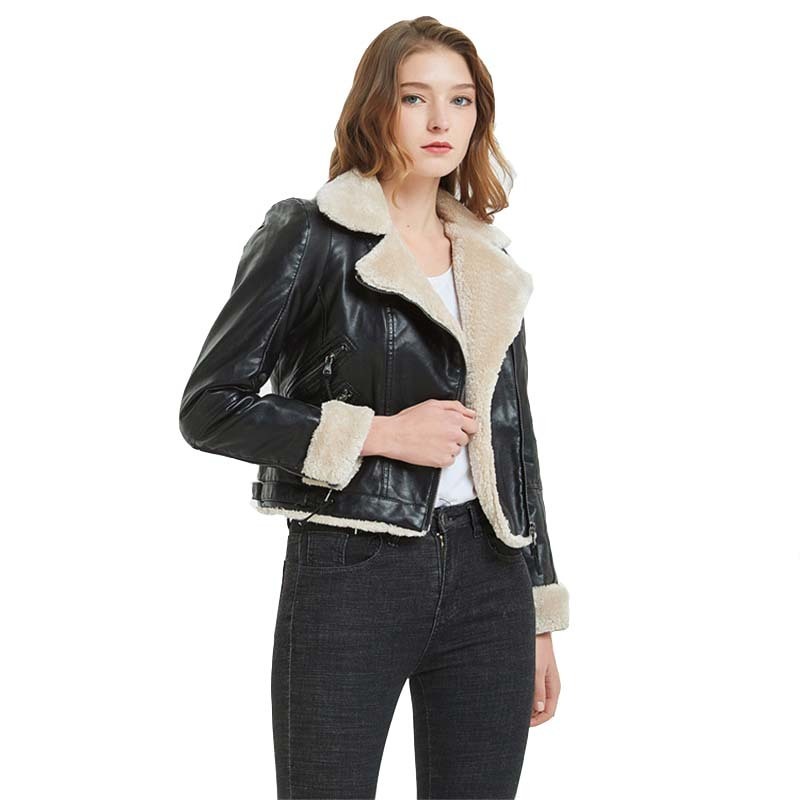 Fall Winter Cropped Sherpa Faux Leather Biker Jacket for Women Faux Fur Lined Punk Rock Ladies Black PU Leather Jacket 201030
