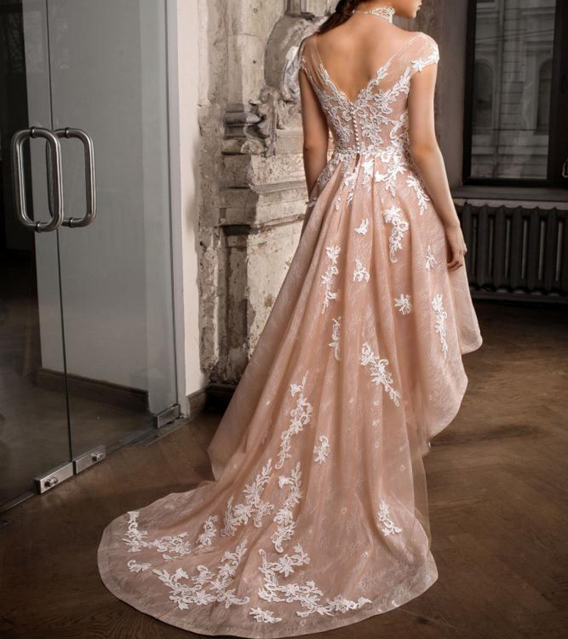 Sexy High Low Wedding Dresses Bridal Gowns 2021 Sheer Neck Appliqued Low Back Wedding Gown With Short Sleevs