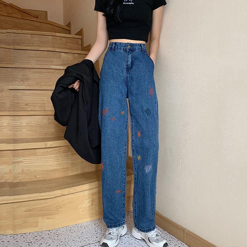 New Jeans Women College Style Jeans Harajuku Color Block Embroidery Vintage Loose High Waist Pants Casual Wide Leg Pants, Blue
New Jeans Women College Style Jeans Harajuku Color Block Embroidery Vintage Loose High Waist Pants Casual Wide Leg Pants, Blue