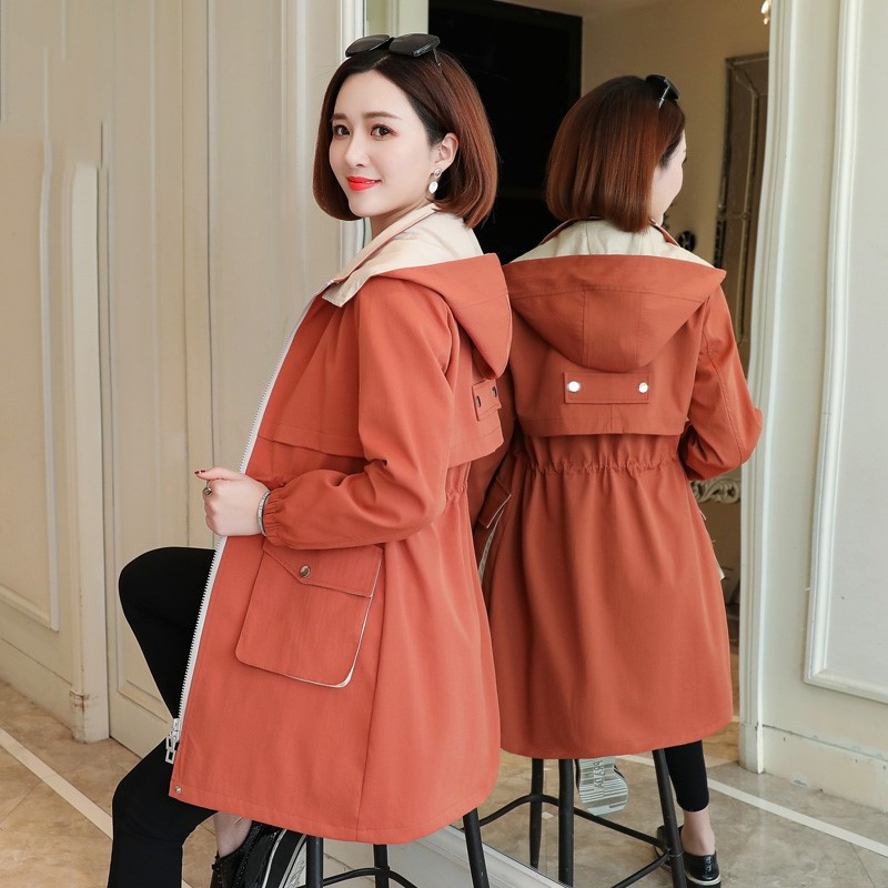 New Fashion Women's Spring Jacket Female Tops Korean Style Waist MidLong Women's Windbreaker Coat Hooded Overcoat Blue Y11 T200811