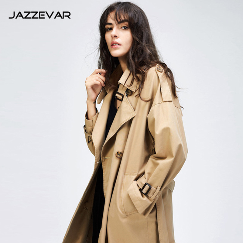 870114# Original Desginer JAZZEVAR 2020 Autumn New Women's Casual Trench Coat Oversize Double Breasted Vintage Washed Outwear Loose Clothing