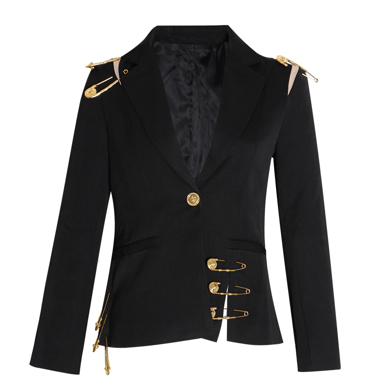 TWOTWINSTYLE Loose Fit Black Hollow Out Pin Spliced Jacket Blazer New Lapel Long Sleeve Women Coat Fashion Tide Autumn Winter LJ201214