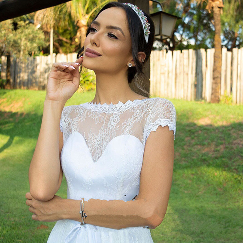2021 Jewel Neck Full Lace Plus Size Bridal Gowns Vestidos De Novia Vintage Teal Length Western Country Wedding Dresses