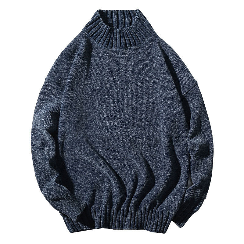 Fashion Half Turtleneck Sweater Men Solid Loose Casual Streetwear Pullover Japanese Male Clothing Autumn Chenille Knitted Tops 201125
