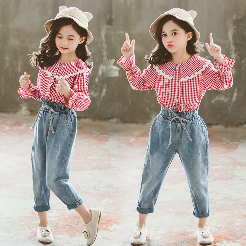 Baby girl clothes set in spring, big kids children's lace plaid shirt jeans set cotton girl clothes girl clothes 2pcs autumnX1019