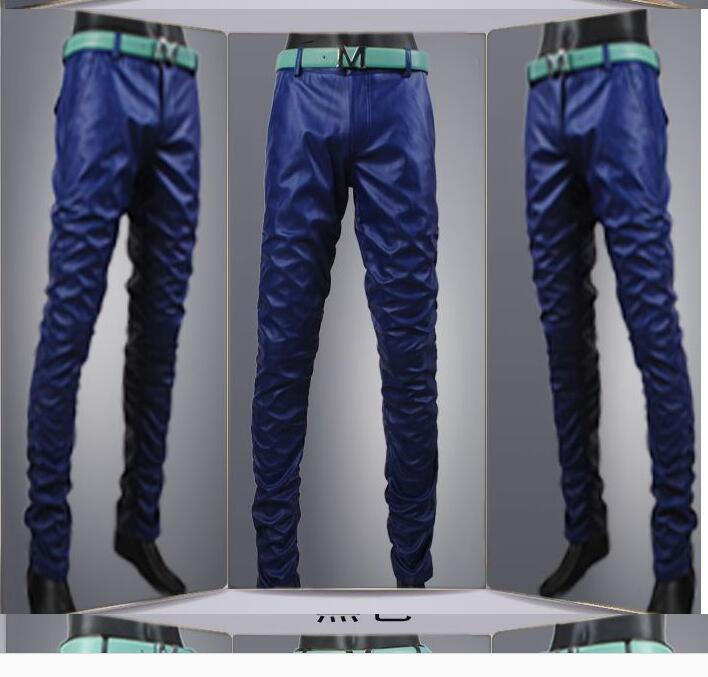 Fashionable new personality men's tight leather pants men's Korean version slim feet black and white red pu leather pants