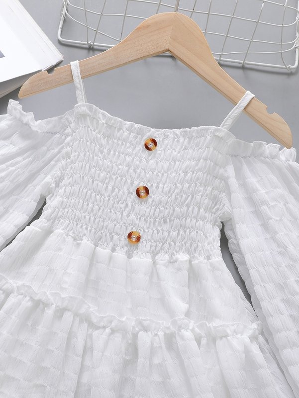 Girls Shirred Frilled Cold Shoulder Flounce Sleeve Ruffle Hem Chiffon Dress SHE