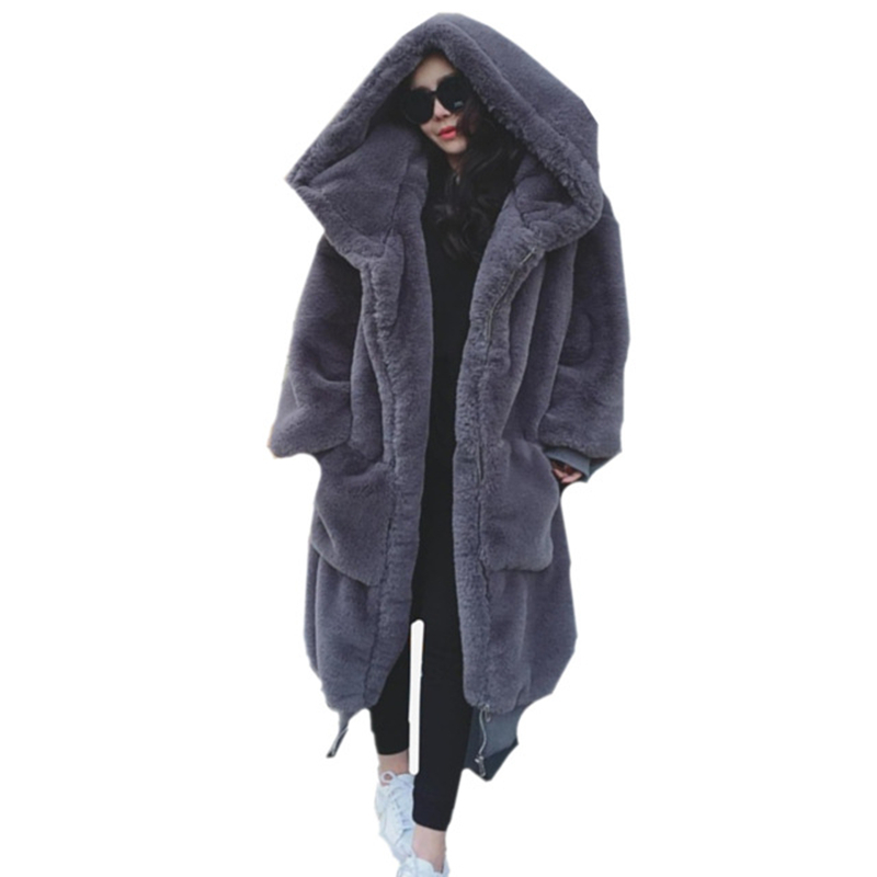 Faux Fur Coat Women Casual Hoodies Furry Thick Warm Long Faux Rabbit Fur Jacket Loose Winter Coat Women casaco feminino 201029
