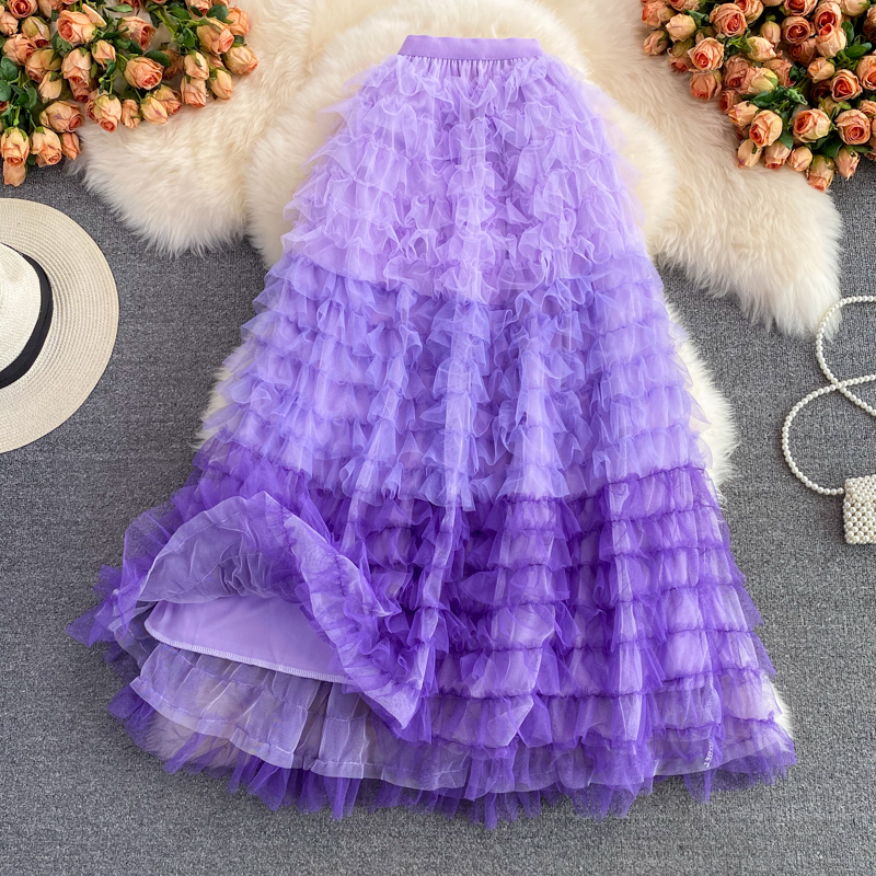 Purple/Blue/Orange Mesh Long Skirt Casual High Waist Cascading Ruffle Midi Faldas Female Autumn Draped Saias 2024 New Fashion