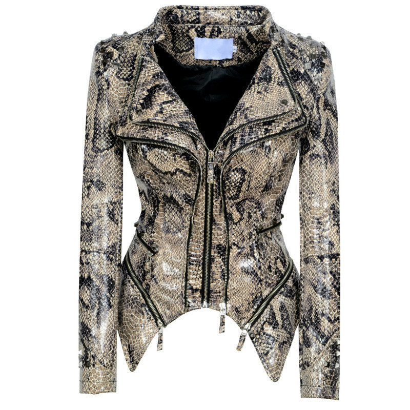 LANMREM High Street Double-layer Collar Snake Print Coat For Women Print Rivet Zipper short style Jacket Slim Female Coat YJ623 201017