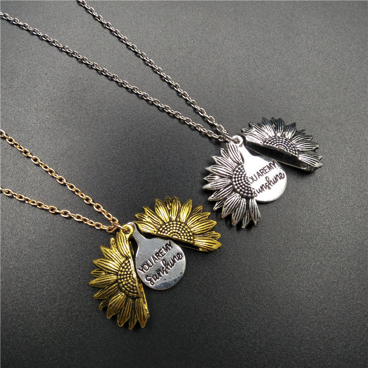 Retro Gold Silver Plated You Are My Sunshine Sunflower Pendent Necklace Openable Helianthus Flower Necklaces for Women Valentine's Day Nice Jewel