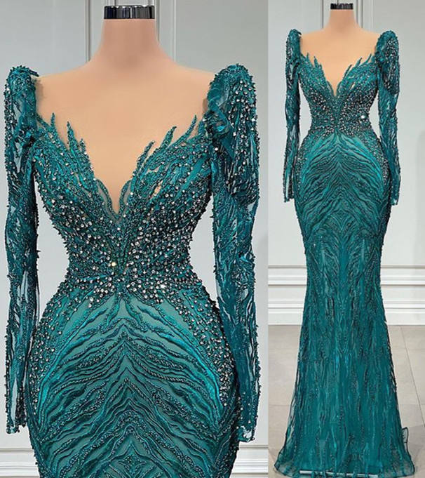 Plus Size Arabic Aso Ebi Hunter Green Mermaid Prom Dresses Lace Beaded Sexy Evening Formal Party Second Reception Birthday Engagement Gowns Dress ZJ66
