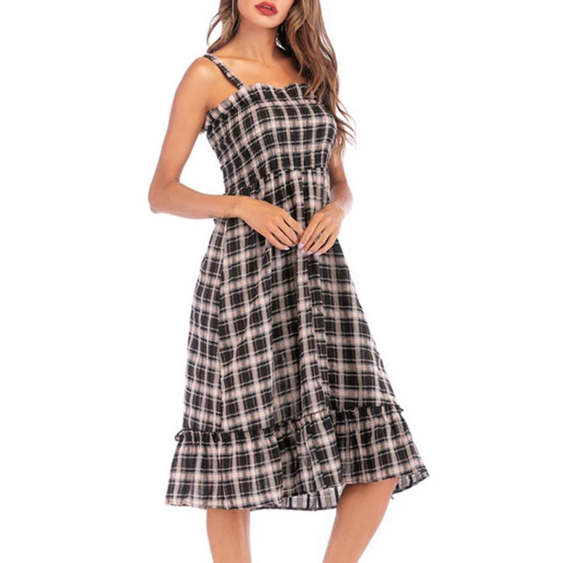 Summer Womens Casual Plaid High Waist Ruffled Skirt Dress SizeS
