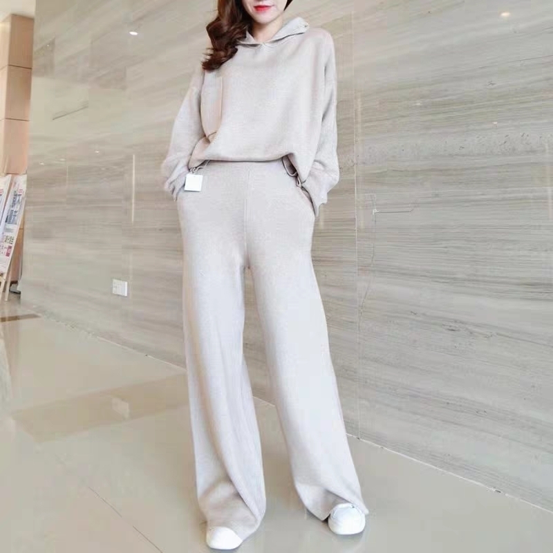 autumn winter Women Solid Color Hooded Pullover Knit Sweater + Casual Wide Leg Pants Fashion Two Piece Set 201120