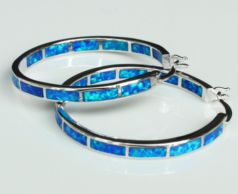 Big Blue / White Fire Opal Hoop Earrings for Women 32 mm Diameter