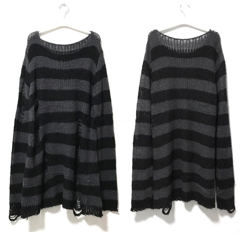 Punk Gothic Long Unisex Sweater Summer Women Striped Cool Hollow Out Hole Broken Jumper Loose Rock Thin Dark Streetwear Top 201017