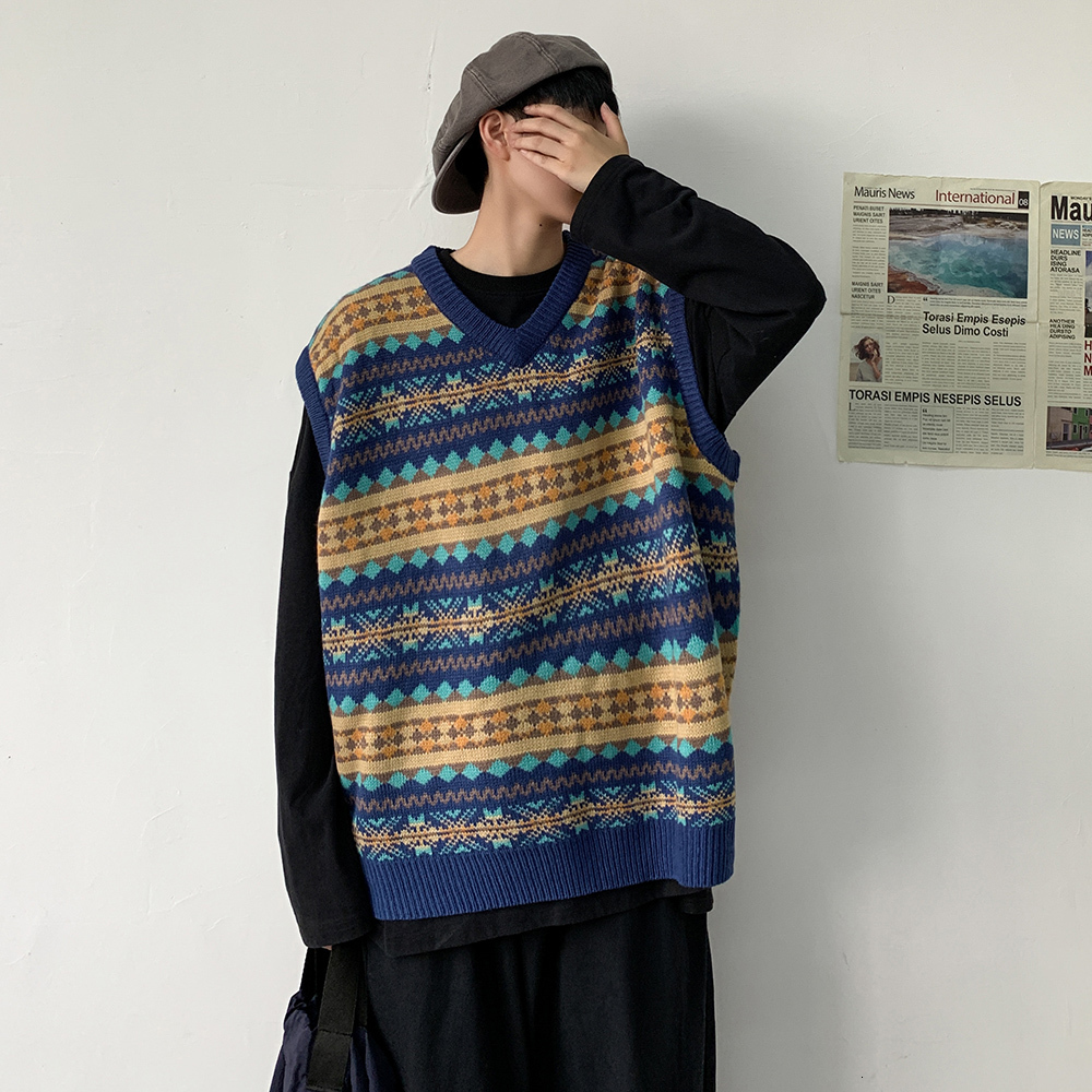 Men's V Collar Sleeveless Vest Knitting Waistcoat Sweater Vest School Spelling Color High Quality Pullover Khaki/blue Coats 201203