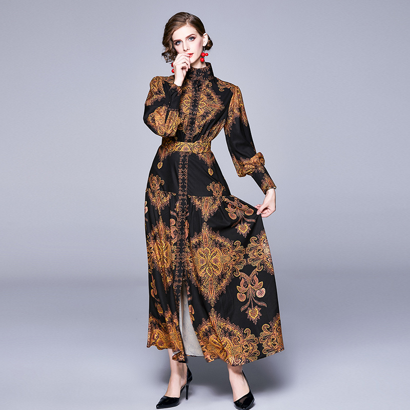 Banulin Autumn Runway Winter Long Dresses Women Lantern Sleeve Vintage Floral Print Casual Maxi Dress Robe Longue Femme ete 201029