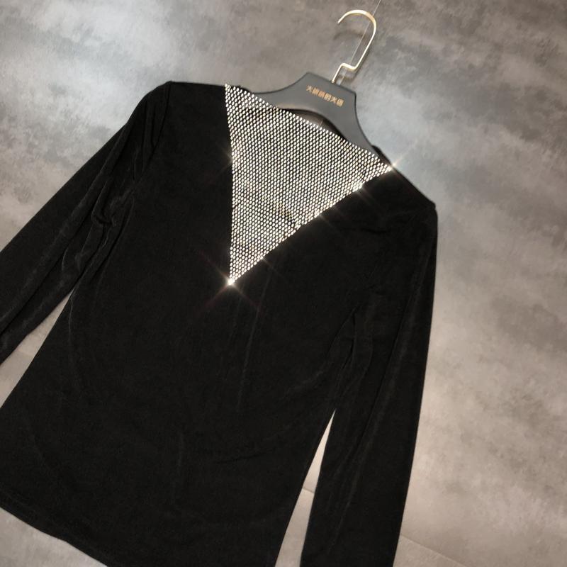 DEAT Spring Long Sleeve Rhinestone V Neck T Shirt High Waist Diamond Shorts With Belt Two Piece Set Women Outfits MH558 T200325