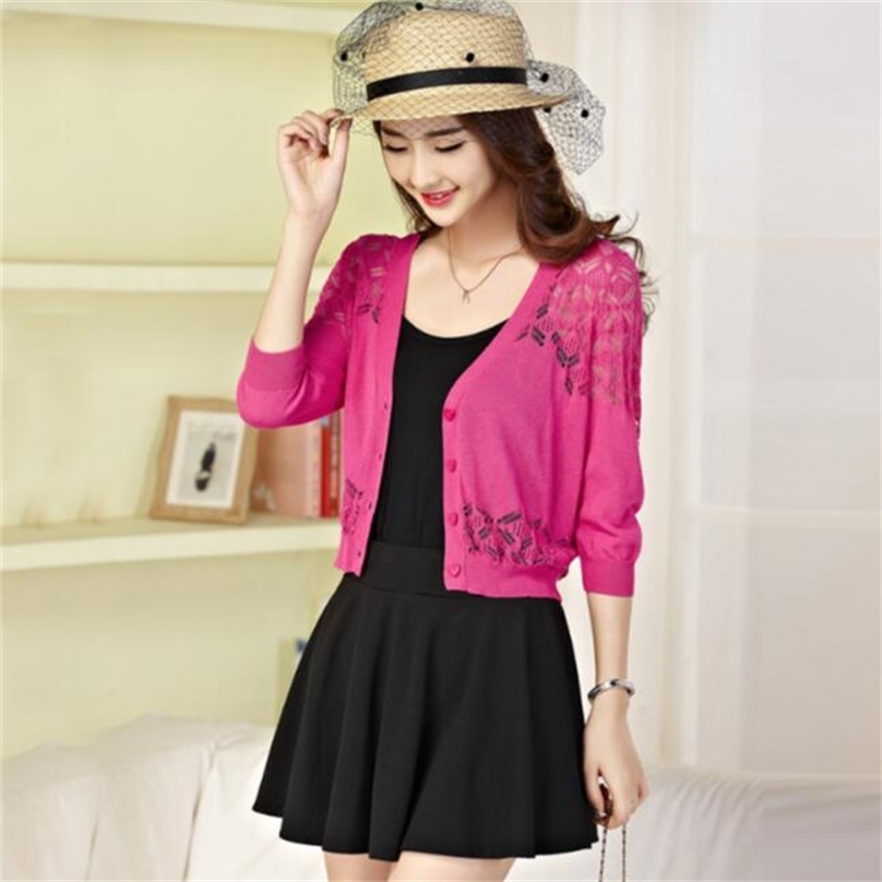 Ladies Short Cardigan V Neck Half Sleeve Cotton Cropped Cardigan Sweaters Thin Coat Feminino Spring Knitwear For Women 201223