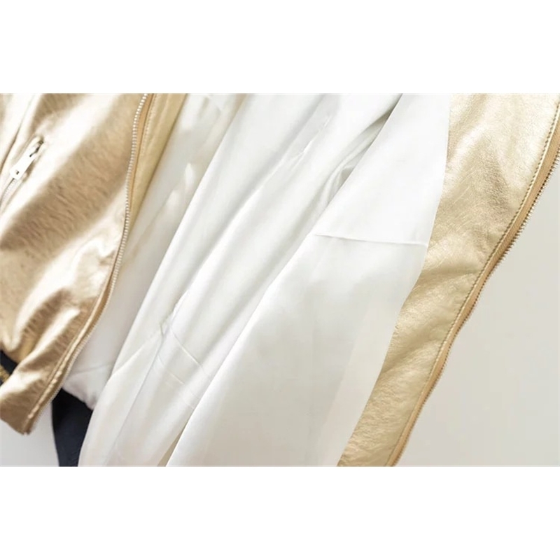 Spring Cool Fashion Gold PU Leather Jacket Female Bomber Coat Stand Collar Striped Patchwork Silver Women's Jackets Streetwear 201112