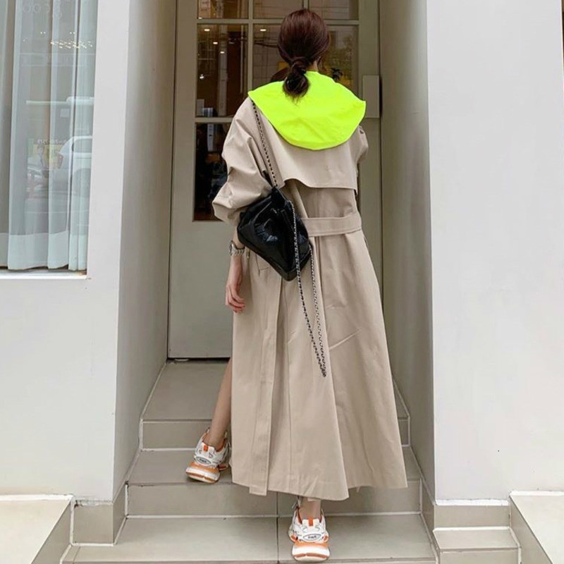 iMucci Autumn Women's New Hooded Trench Coat Korean Plus Size Khaki Long Coat Female Trenchcoat Overcoats Outerwear Teen 201112