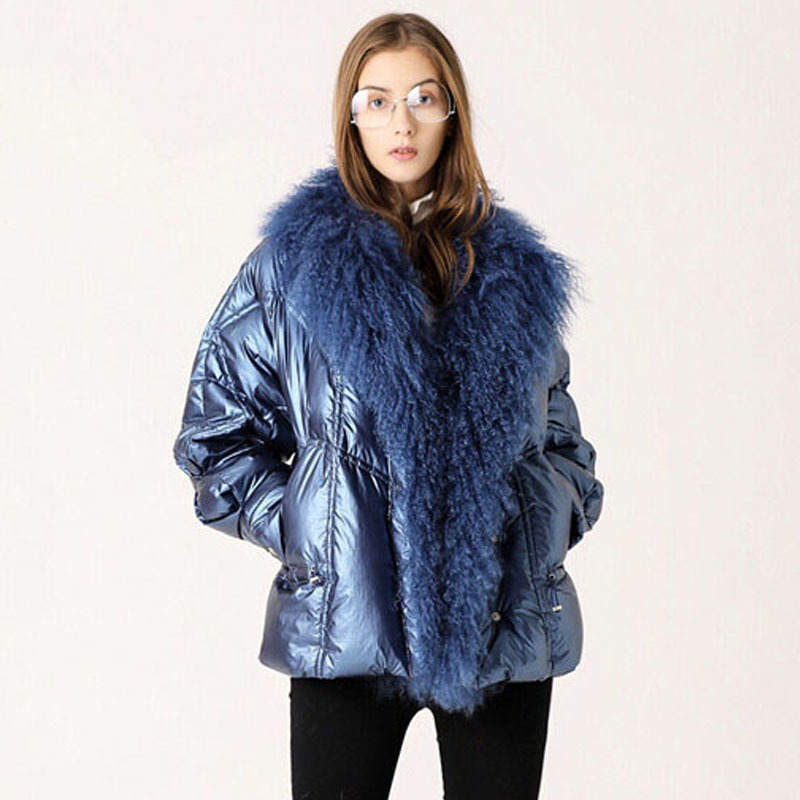 Large Real Fur Collar 2019 Winter Jacket Women 90% White Duck Down Coats Short Loose Parkas Outerwear Waterproof Glossy Jackets T200107