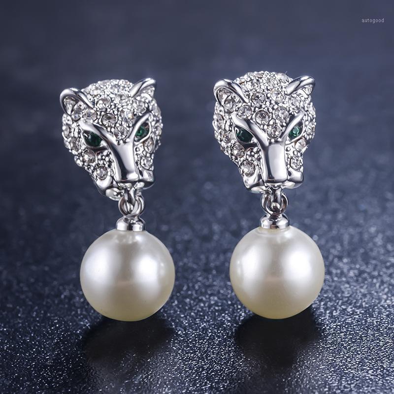 Stud Fashion Italina Jewelry Micro Mosaic + CZ Crystals Green Eyes Leopard Studs Earrings With Pearl Charms Trinket1