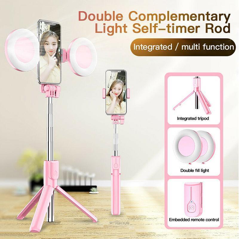 4-in-1 Wireless Selfie Stick Adjustable Monopod Tripod w/ Dual LED Ring Light Extendable Phone Tripod Stand with LED Ring light1
4-in-1 Wireless Selfie Stick Adjustable Monopod Tripod w/ Dual LED Ring Light Extendable Phone Tripod Stand with LED Ring light1