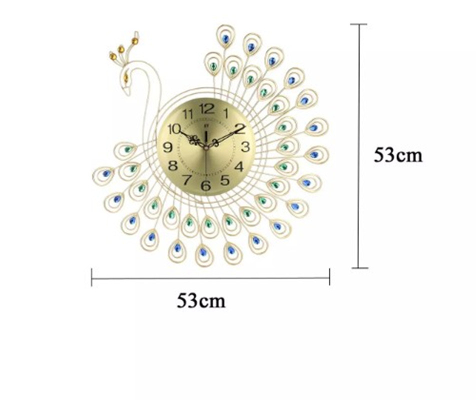 Large 3D Gold Diamond peacock Wall Clock Metal Watch for Home Living Room Decoration DIY Clocks 53x53cm
