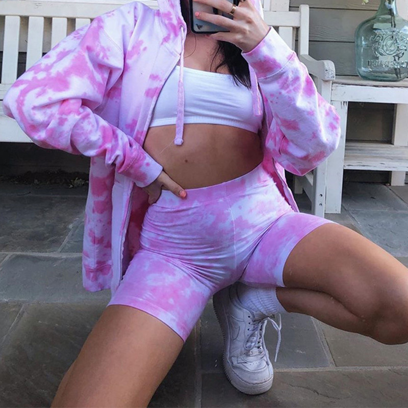 Women's Jacket Autumn Tie Dye Print Hooded Loose Zipper Drawstring Pocket Female Coats Casual Streetwear Ladies Outerwear 201017
