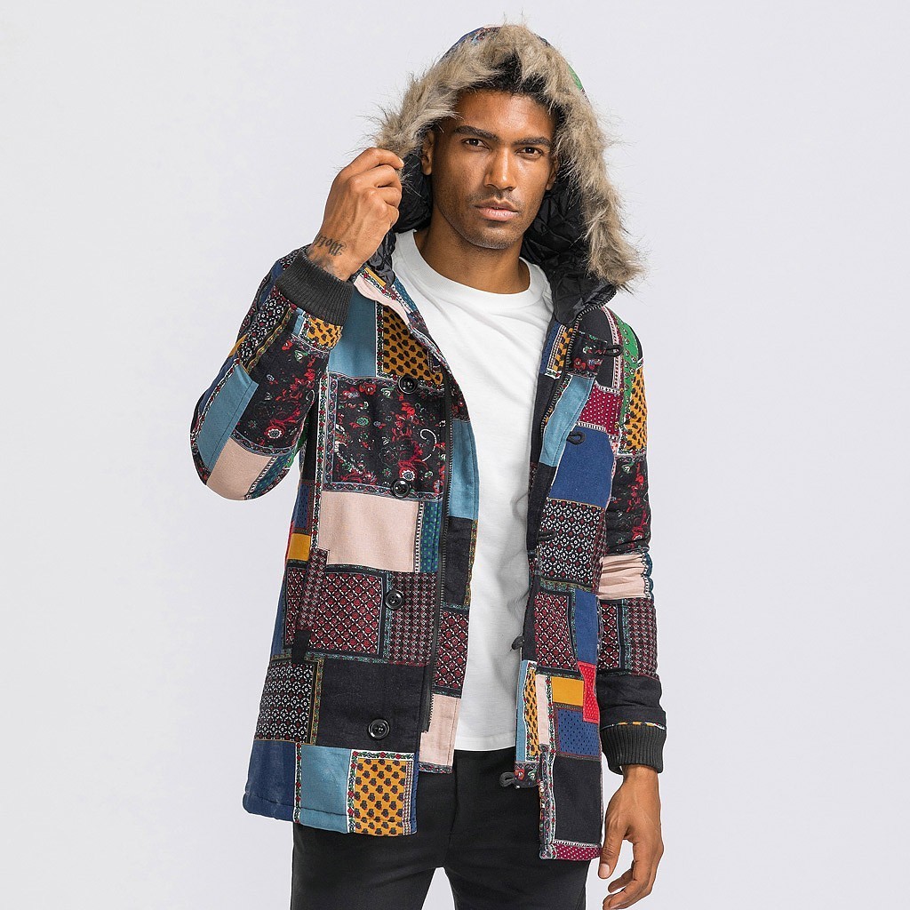 New Thicken Warm Men Casual Winter Fox Fur Collor Jackets Warm Floral Print mens jacket Coats Winter Cotton Hooded Long Parkas 201023