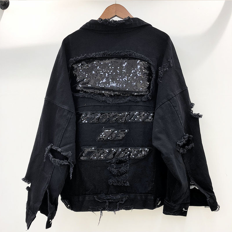 DEAT 2019 Red Black Denim Jacket Cotton Loose Free Size Coat Autumn Big Size Hole Jacket Women Sequin Denim Jacket MF746 T200111