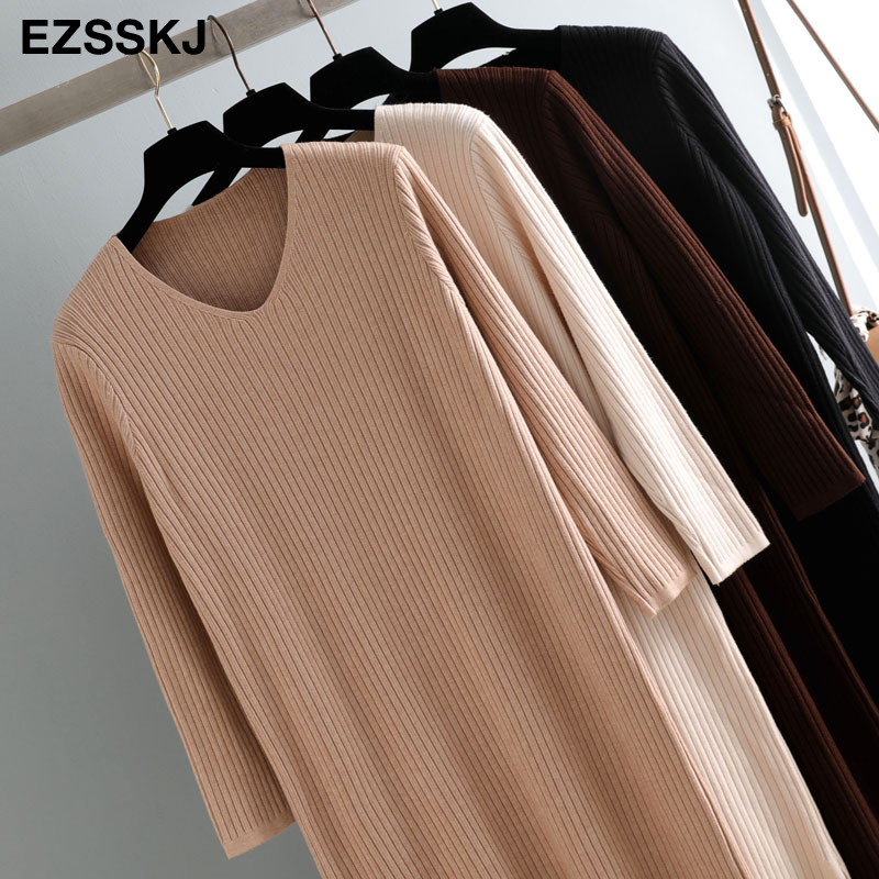v-neck autumn winter sweater long elegant knit thick straight women loose split side casual chic dress 201110