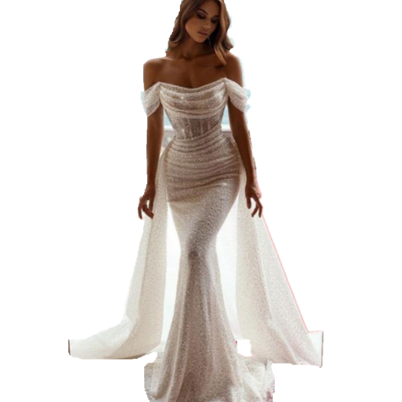 Sparkl Whit Squind Mrmaid Wdding Drsss With Dtachabl Ovrskirt Fish Bon Off Th Shouldr Brid Drss Corst Trumpt Long Bridal Gowns Custom