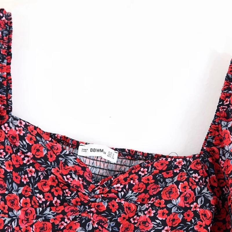 Flower Printingt Square Collar Women Slim Shirt Crop Tops Autumn Leisure Lady Puff Sleeve Blouse S6569 201201