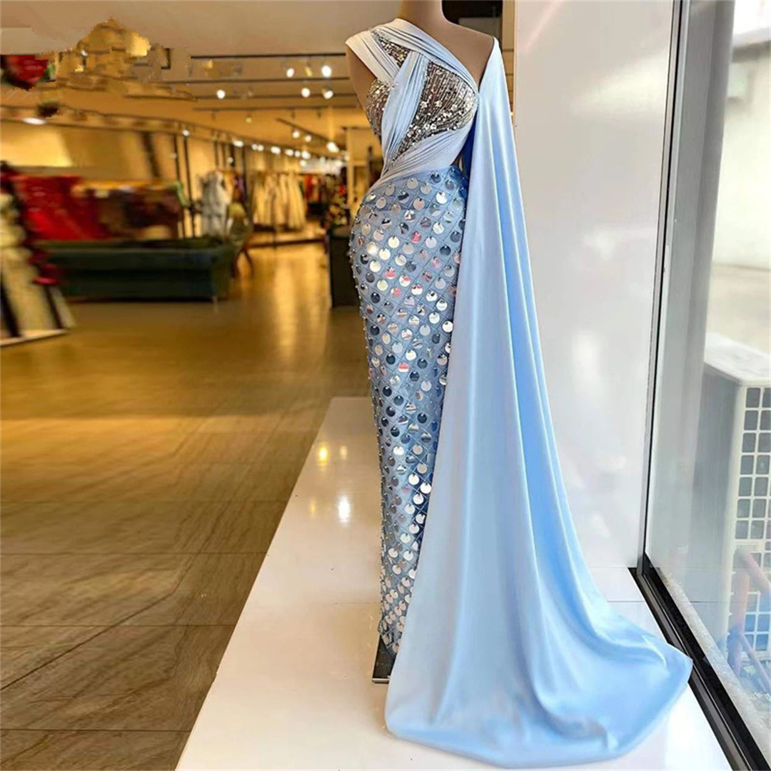 Graceful Sky Blue Prom Dresses One Shoulder Sequins Ruffles Evening Dress Custom Made With Wrap Floor Length Celebrity Party Gown
