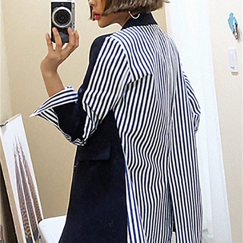 LANMREM autumn New Coat Three Quarter Sleeve Stripe Spliced Double Breasted Notched Ladies Fashion Jacket BC063 201126